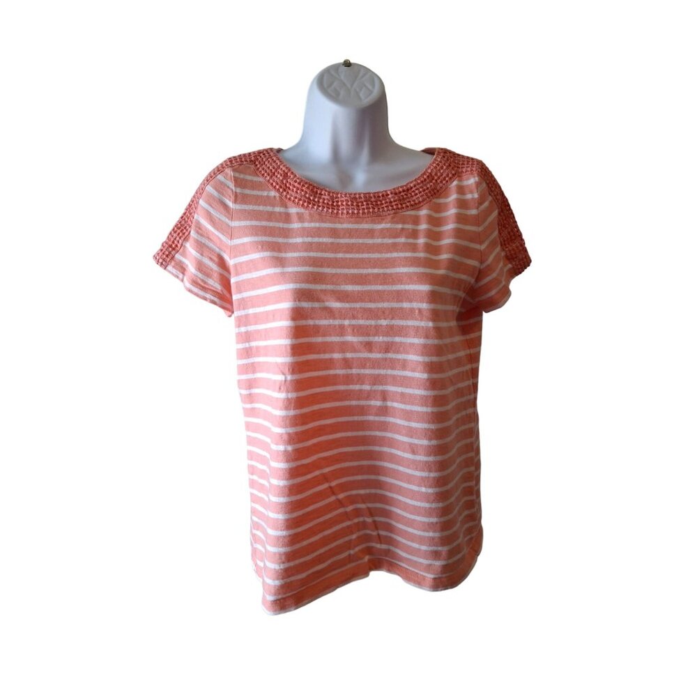 Talbots Womens Knit Top PS Coral Stripe Crochet Details Short Sleeve Classiccore